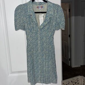 NWT Urban Outfitters blue floral deep v-neck a-line dress Size Small